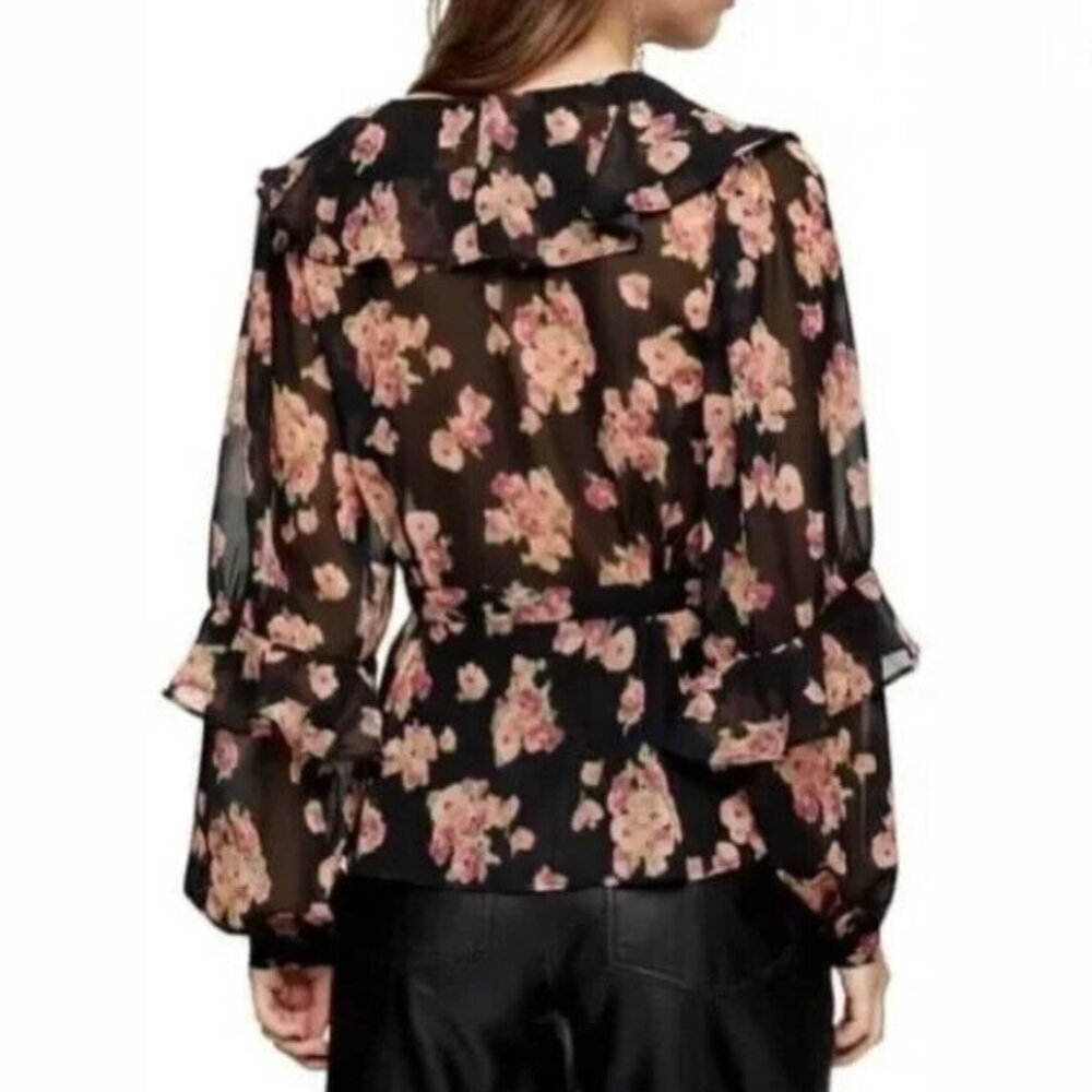 Topshop Black Floral Print Ruffle V Neck Women's Blouse Long Puff Sleeve Size 6 - Picture 4 of 5